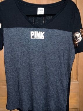 PINK Victoria's Secret Navy and Black Short Sleeve Tee with Sequin Detail